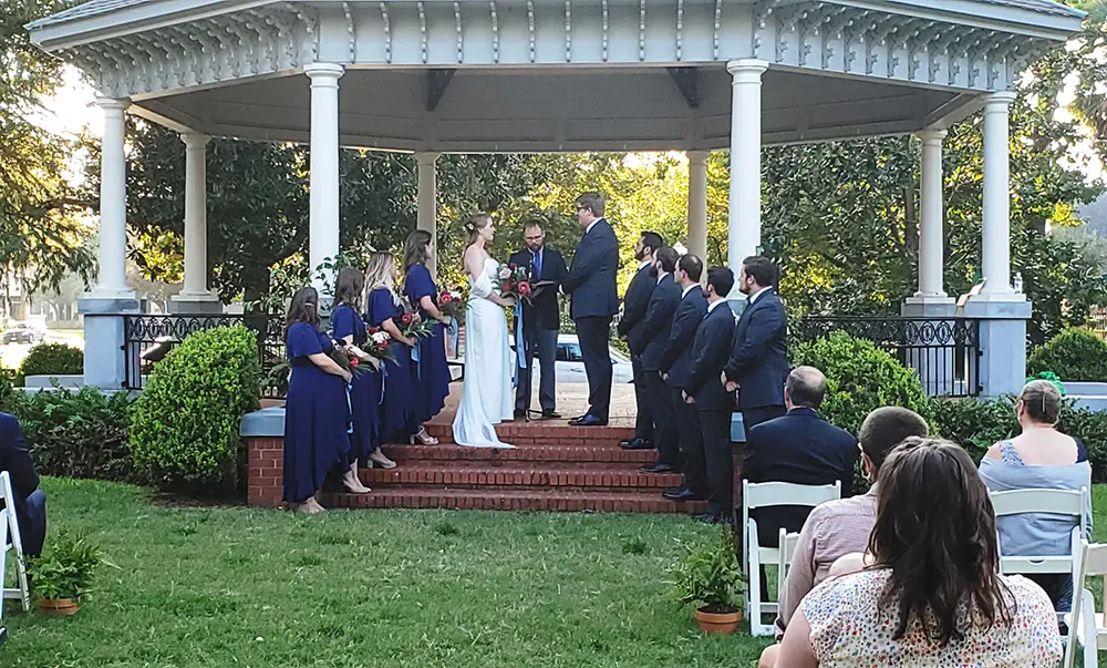 A wedding ceremony at the Kaiser Pavilion in Marmion Park